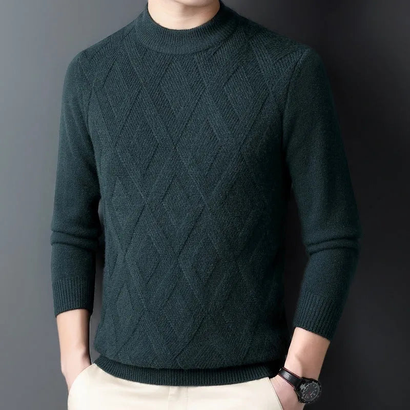 Men's thick winter wool blend pullover sweater with diamond jacquard pattern in a plus size fit.
