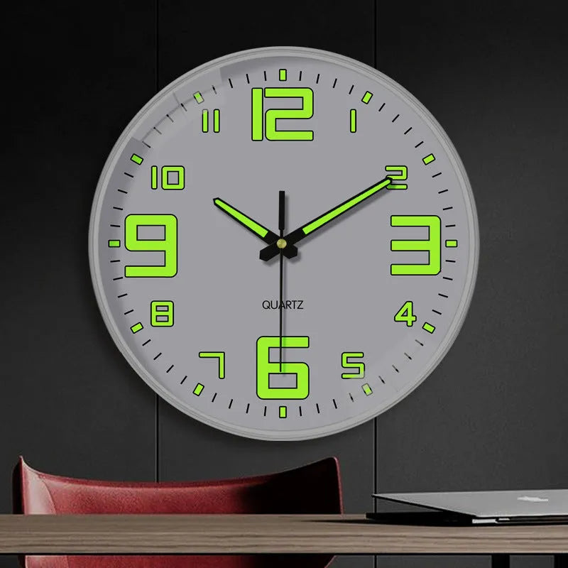 8 inch modern wall clock with luminous numbers on white background