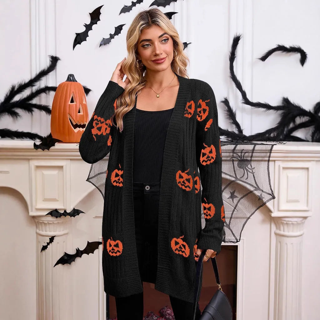 Women's black Halloween pumpkin head jacquard knitted cardigan coat with straight cut