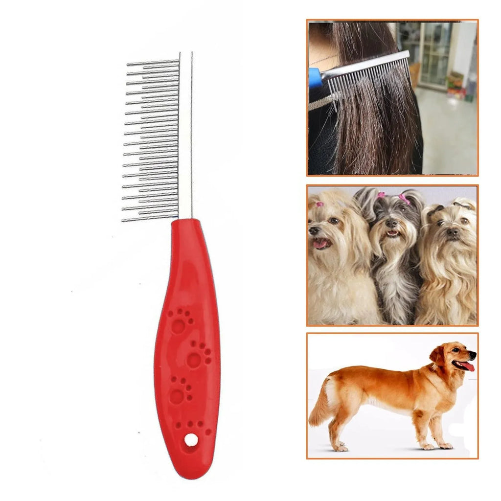 Stainless steel pet grooming comb with short and long teeth and red plastic handle