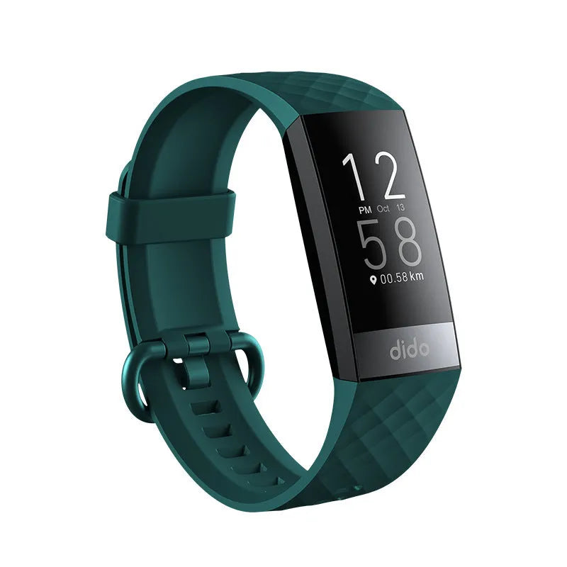 Black smart health bracelet with 1.1-inch display showing blood pressure and heart rate monitoring data
