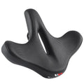 Black bicycle seat cushion with leather surface and polyurethane foam interior for shock absorption