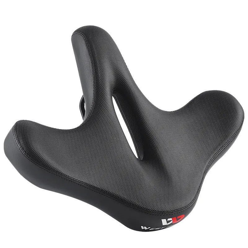 Black bicycle seat cushion with leather surface and polyurethane foam interior for shock absorption