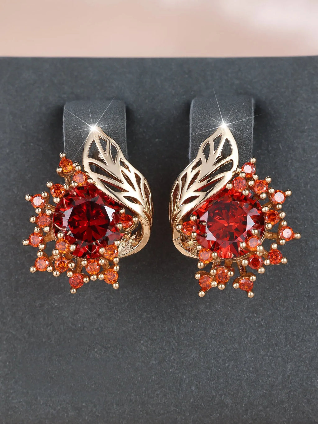 Women's round flowers feather zircon earrings with champagne gold electroplating and six gemstone colour options