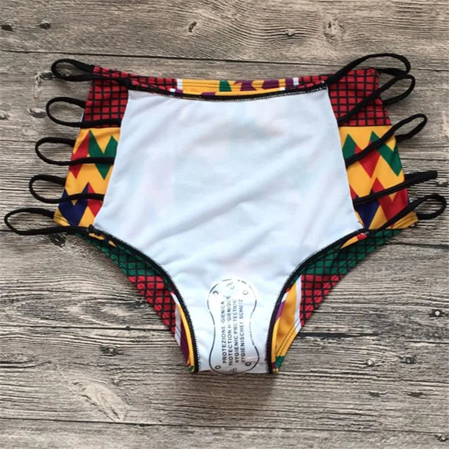 Women's digital print high-waist bikini swimsuit with backless design and quick-dry polyester fabric