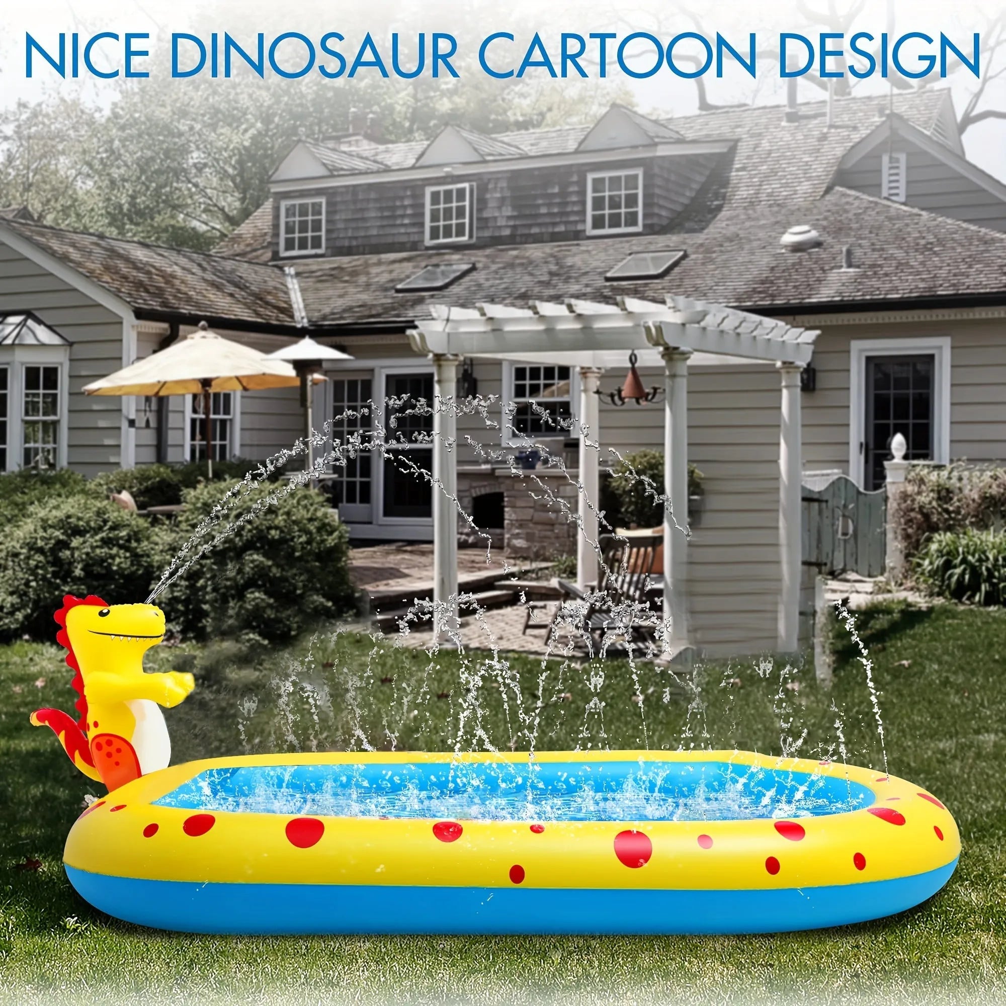 Blue dinosaur water spray pool mat with shark graphics measuring 170x105cm