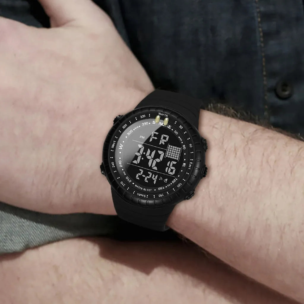 Black men's outdoor electronic watch with large dial showing WR50M waterproof rating on PU strap
