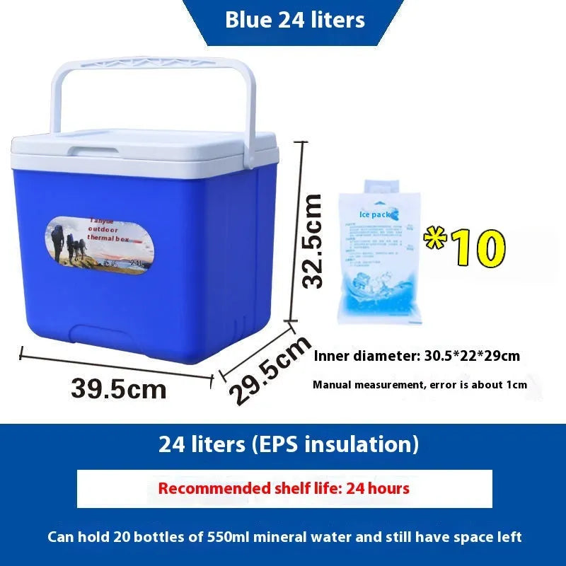 Blue aluminium foil portable insulated cooler box with 15L capacity for outdoor use.