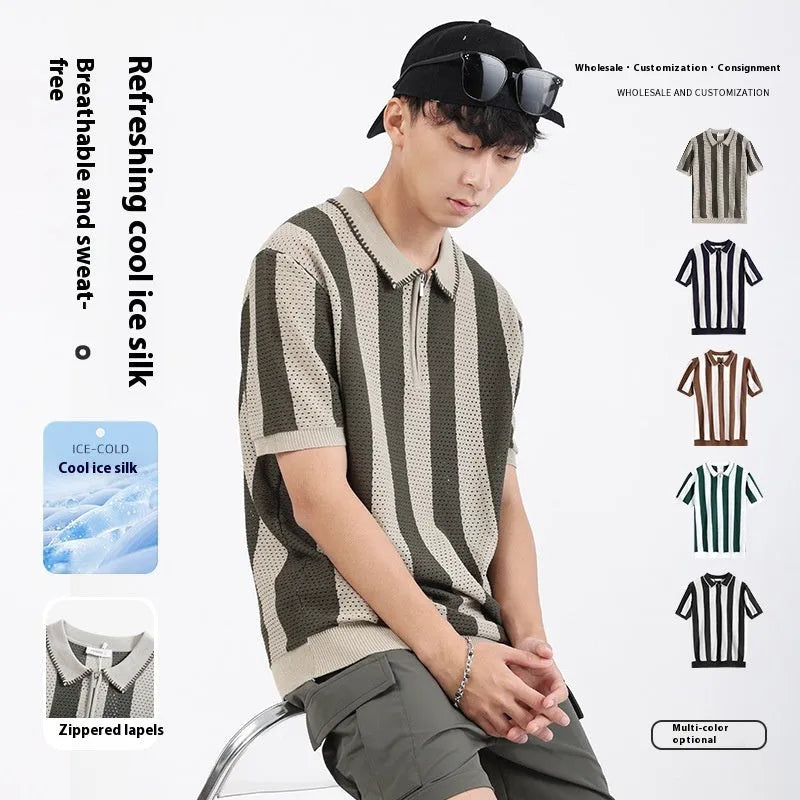 Men's striped short sleeve ice silk viscose sweater with zipper decoration