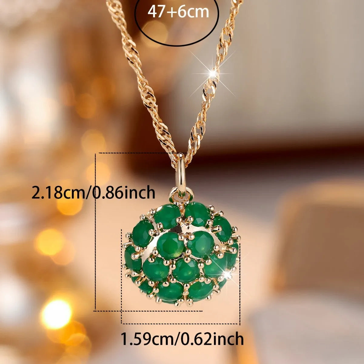 Round geometric emerald diamond necklace with adjustable chain in champagne gold electroplated finish