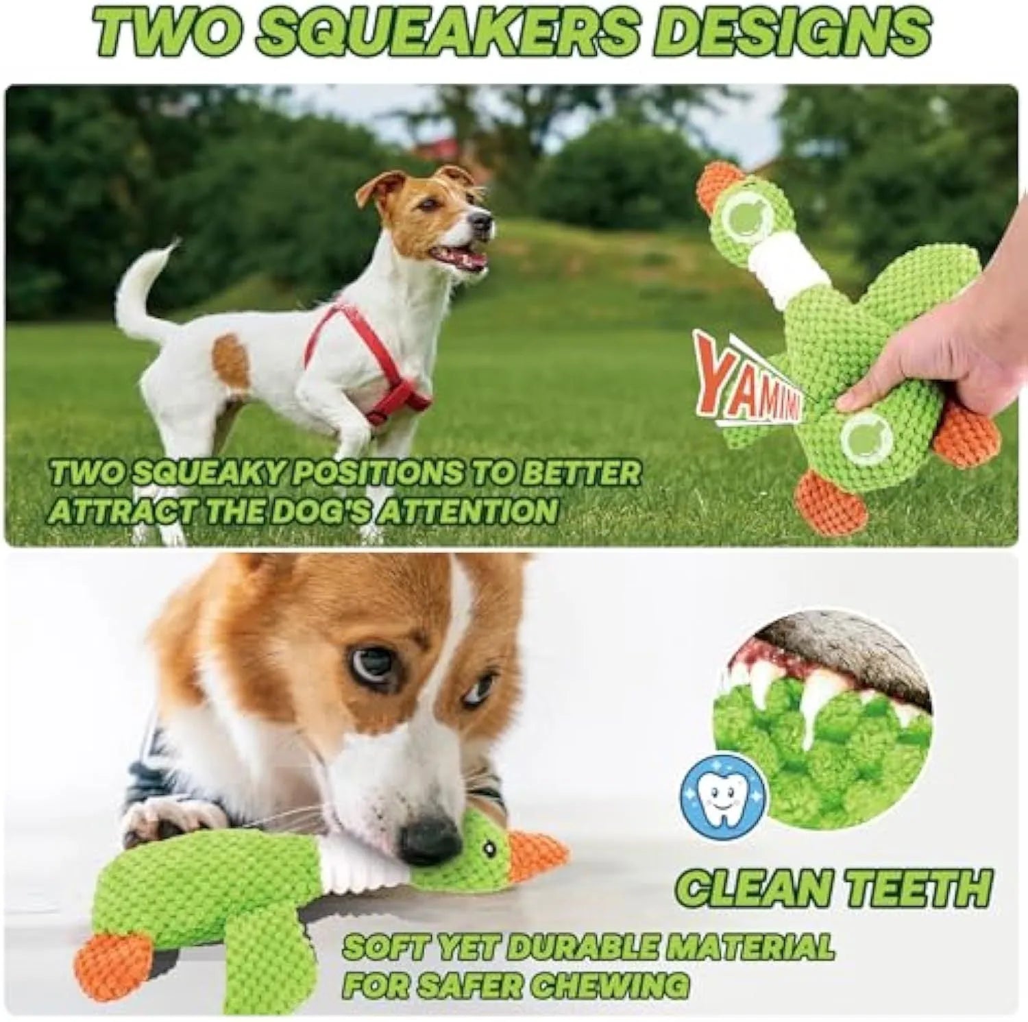 Green blue or grey durable plush duck dog chew toy with squeaker, 33 cm long.