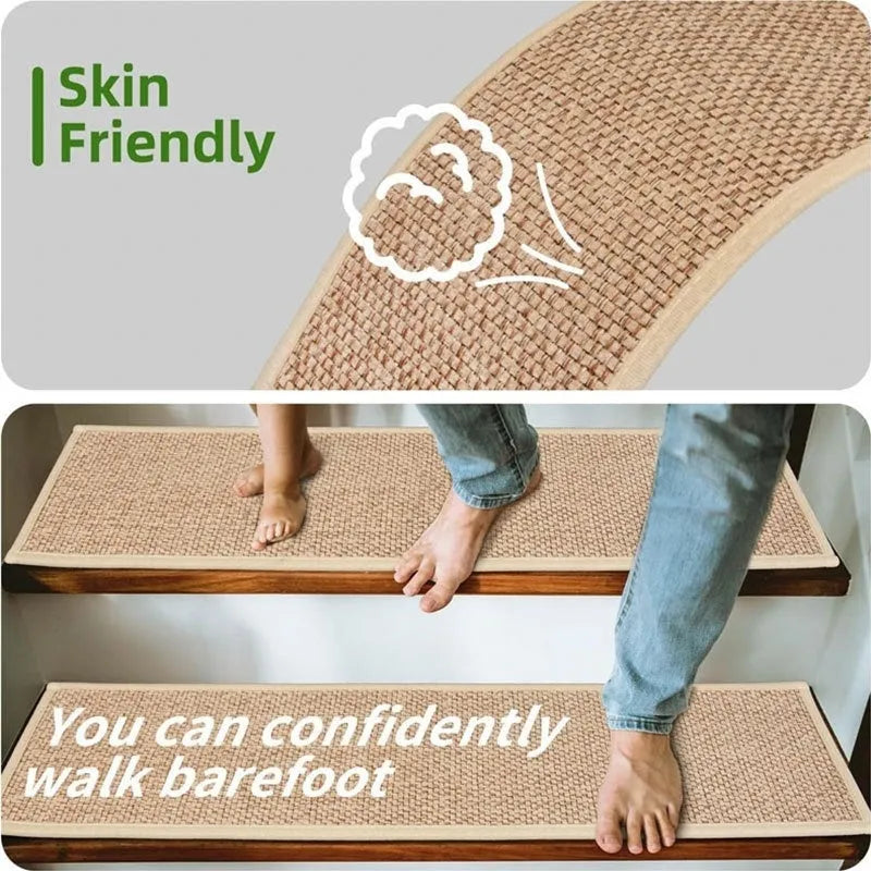 Japanese-style linen-look polyester stair mat on wooden stairs in camel colour with rubber backing