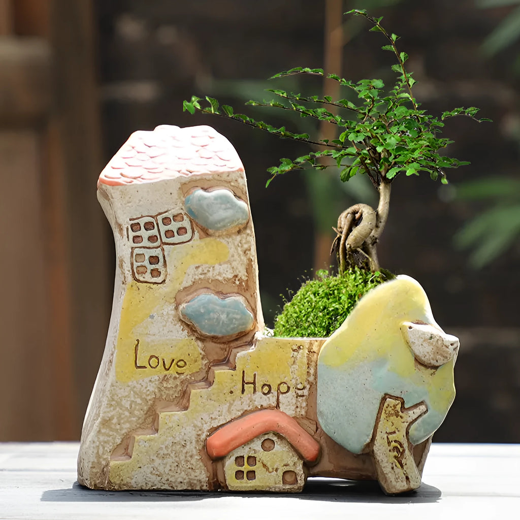 Hand-painted large caliber ceramic combination flower pot with cute pastoral meat and flower design in colour option A