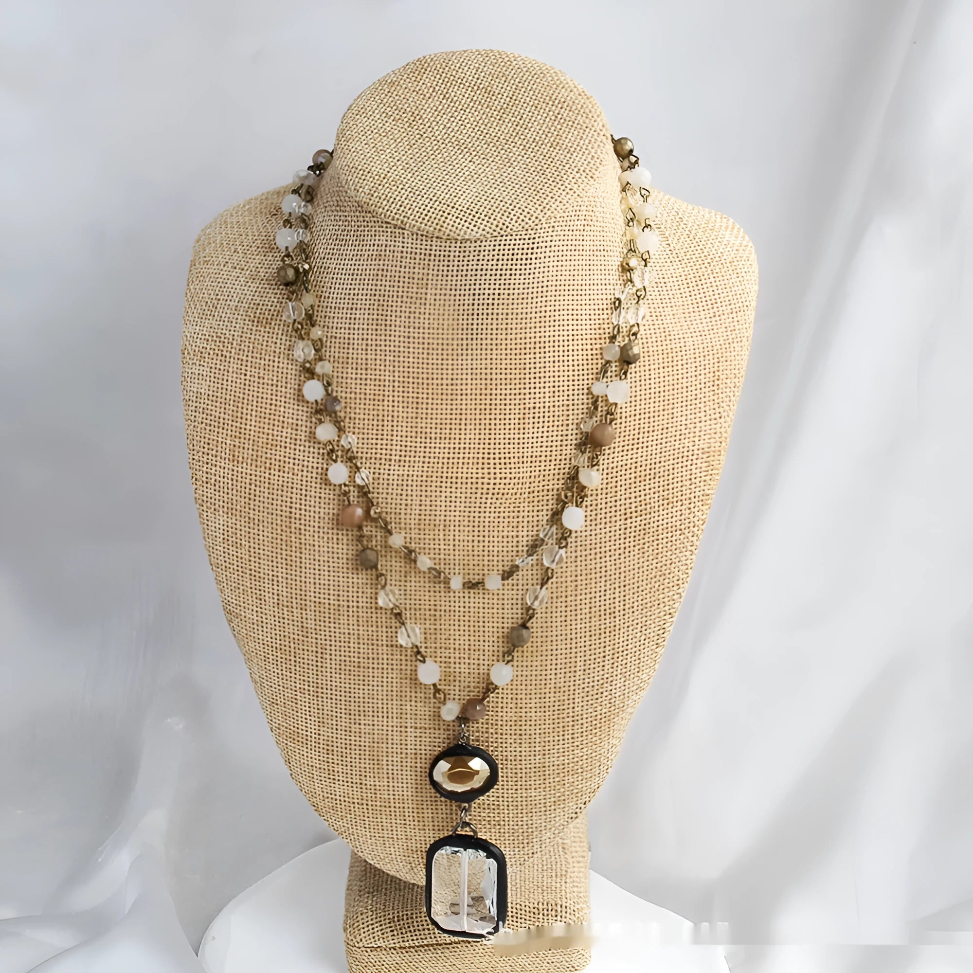 Two-layer tribal necklace with glass and natural stone pendant on adjustable alloy chain in beige colour