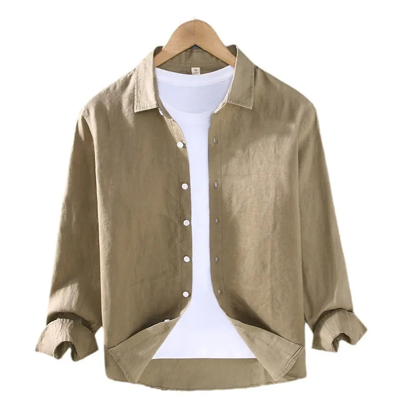 Men's pure linen simple cardigan shirt in a solid colour with long sleeves.