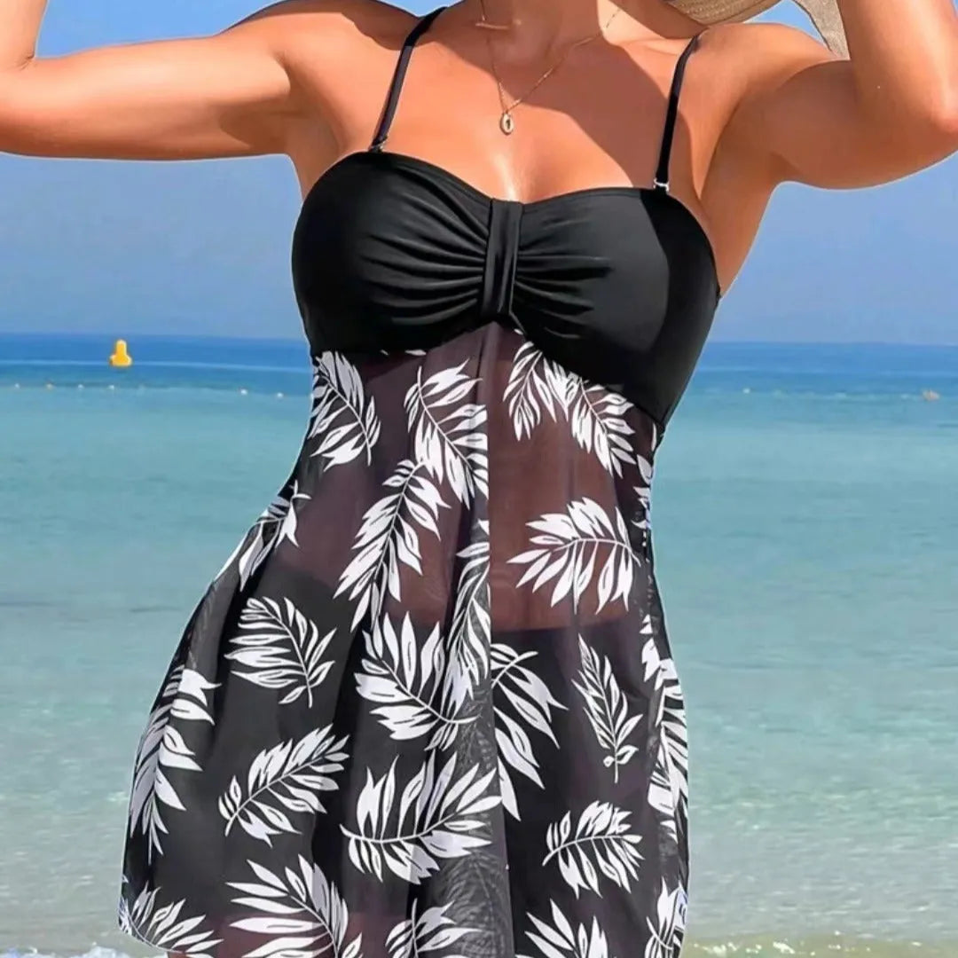 Women's high-waist mesh swimsuit briefs in black, blue, and peacock green on a white background.