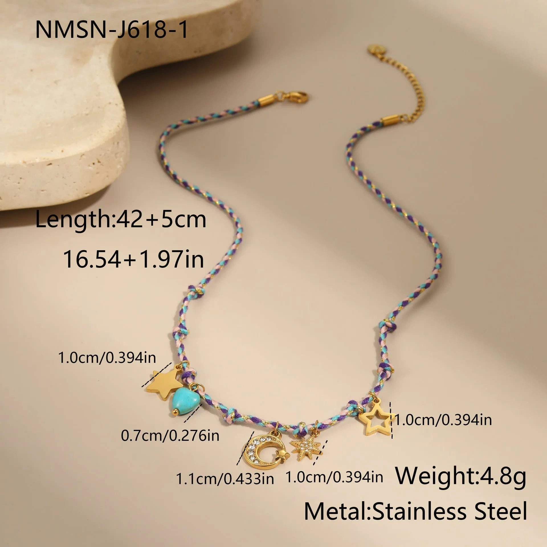 Handmade braided rope necklace or bracelet with stainless steel chain and geometric pendant in 18K titanium steel finish