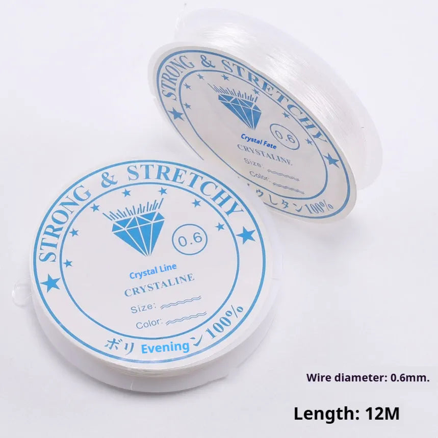 Roll of transparent white elastic fishing line cord for DIY jewellery making, showing six diameter size options.