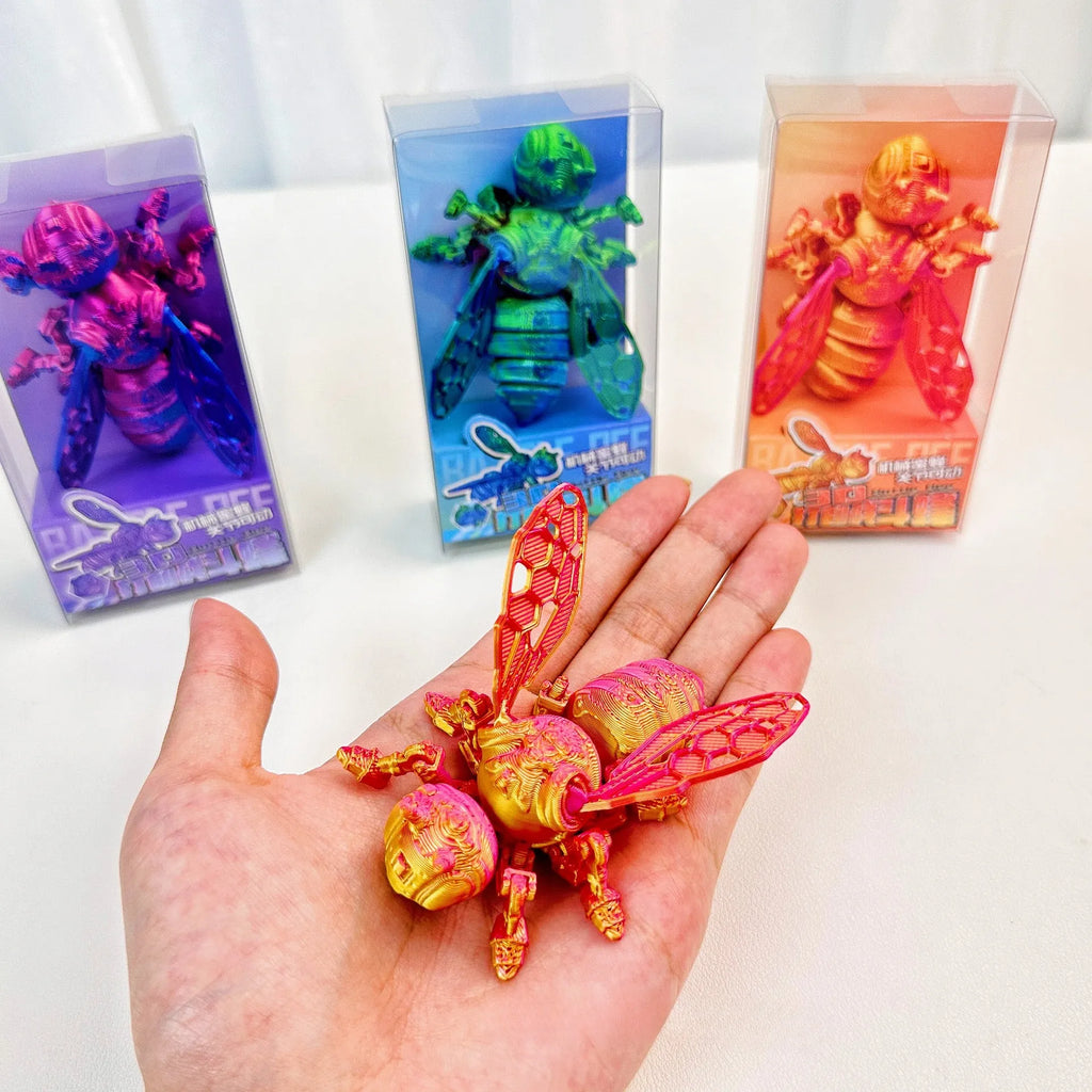 B3D printed battle bee action figure with movable joints on neutral background