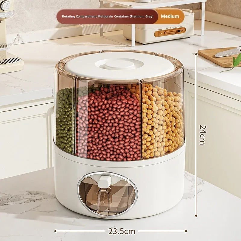 Rotatable cereals storage bucket in cream white with sealed lid, plastic material