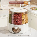 Rotatable cereals storage bucket in cream white with sealed lid, plastic material