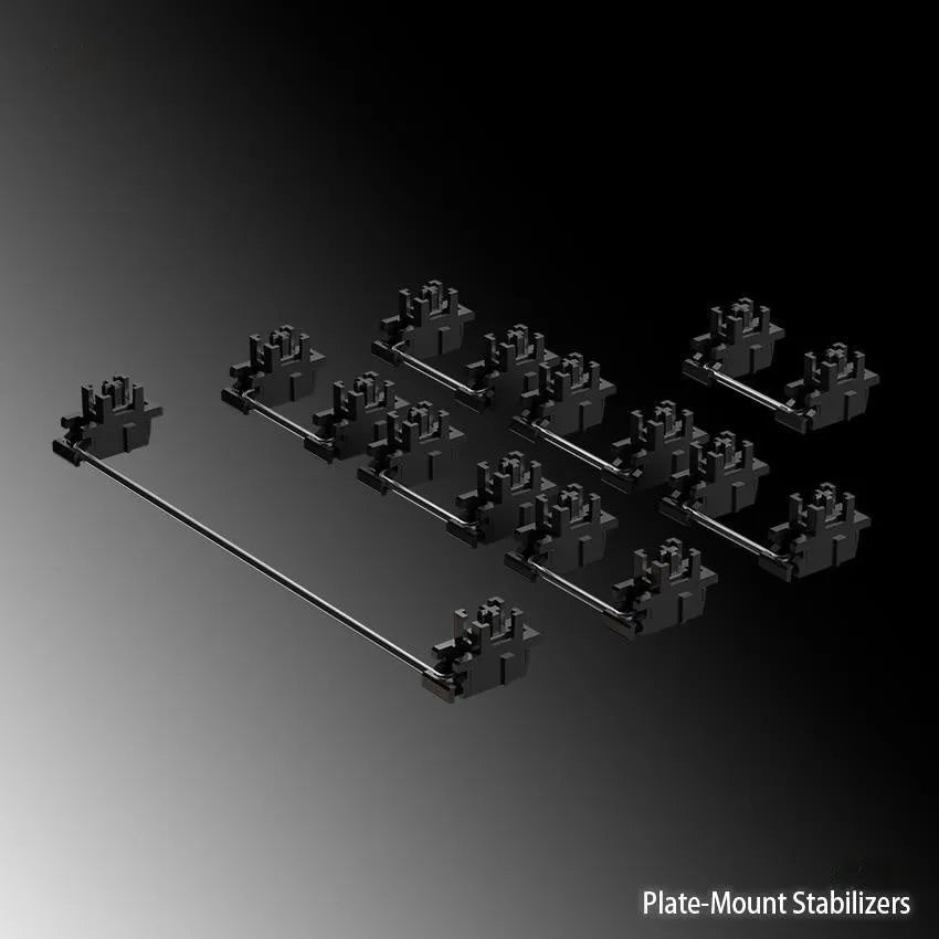 Black and milky white mechanical keyboard stabiliser sets showing 6.25U and 7U satellite axis options