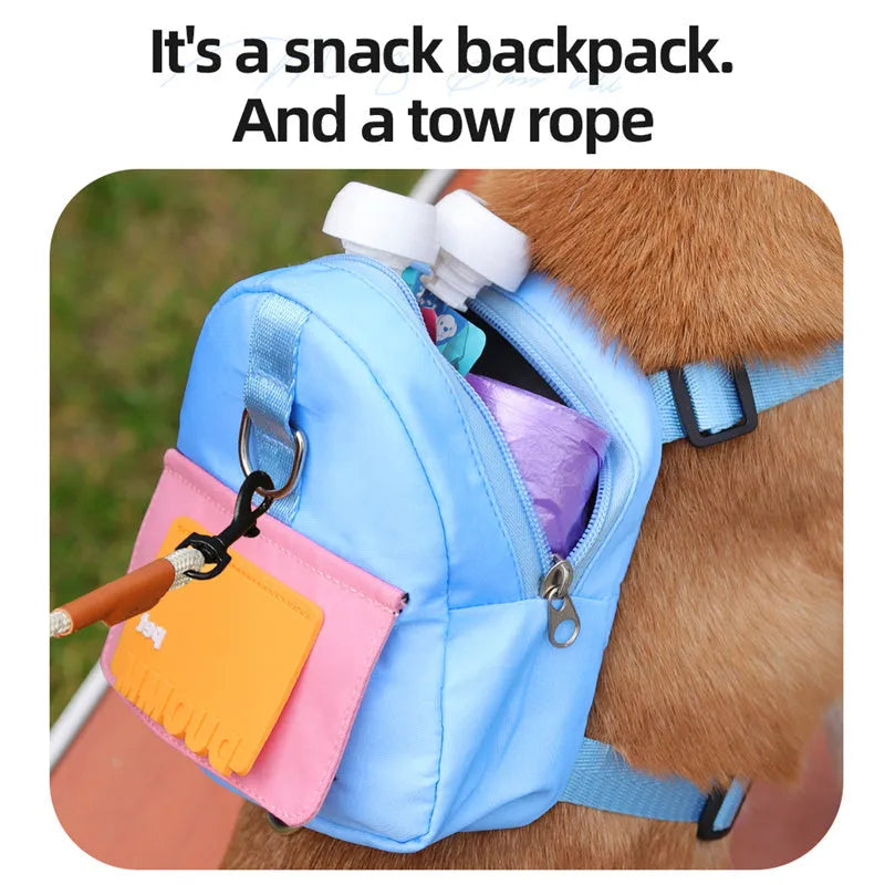 Blue adjustable dog backpack harness with storage compartments and a tow rope, shown on a medium-sized dog.