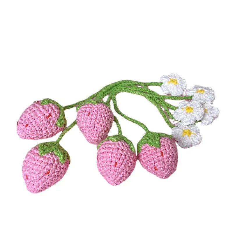 Handmade wool crochet strawberry pendant necklace in red or pink with 35cm length
