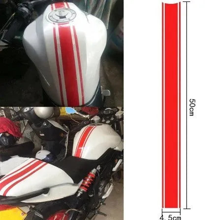 Motorcycle petrol tank reflective pinstripe sticker in black, red, silver, or yellow measuring 50cm by 4.5cm