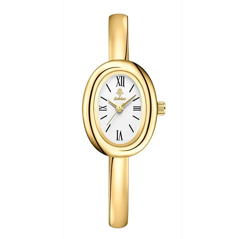 Women's oval retro quartz watch with 8mm thickness showing gold and silver colour options with spiral patterns