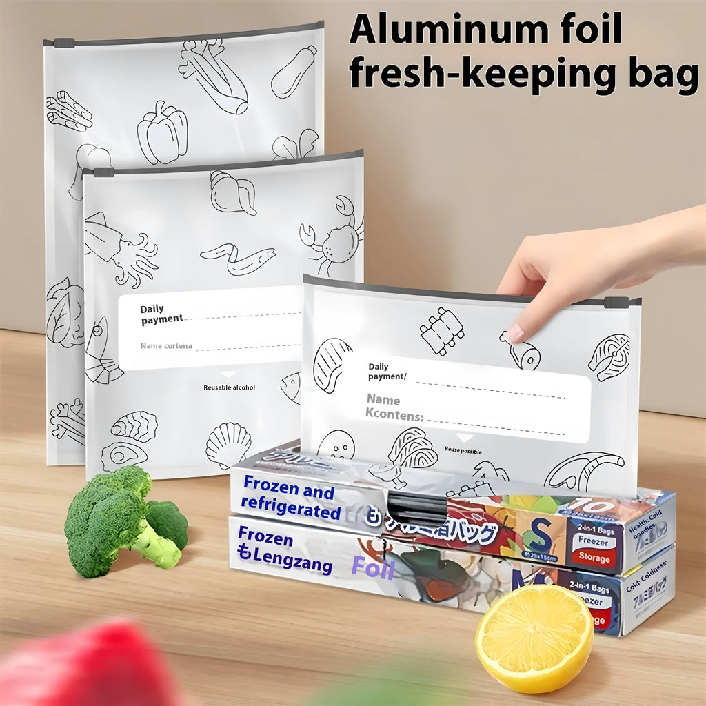 Pack of aluminium foil sealed fresh-keeping bags in small, medium, and large sizes.
