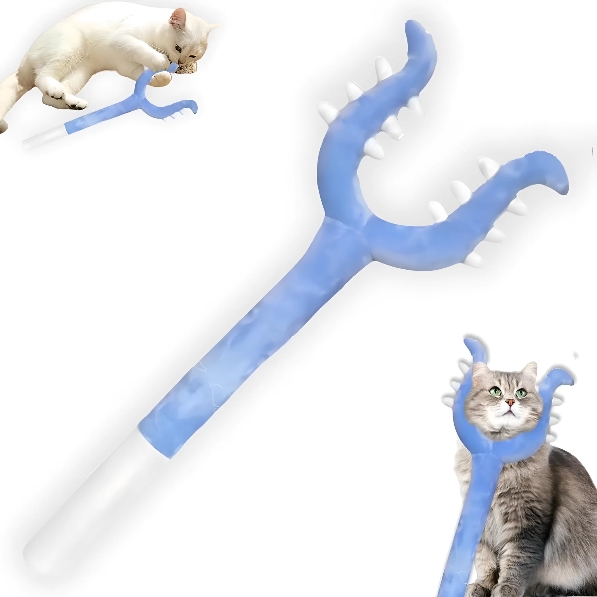 Blue or pink plush cat wand toy measuring 70cm long for interactive pet play