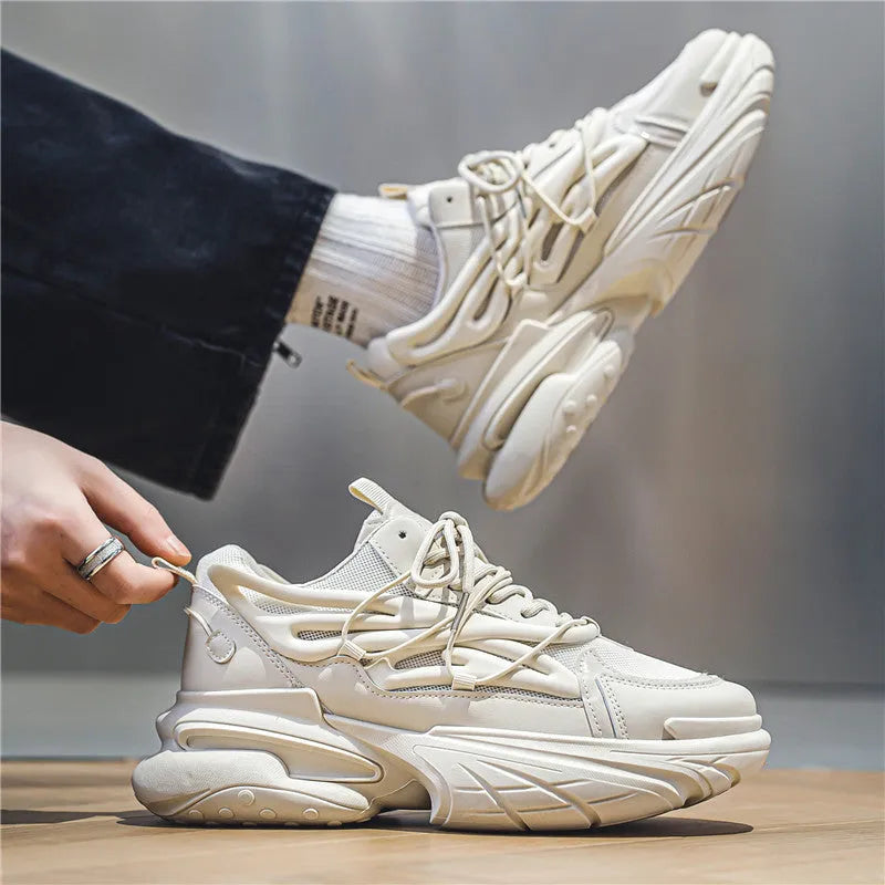 Men's beige mesh sneakers with round toe and lace-up front on rubber sole