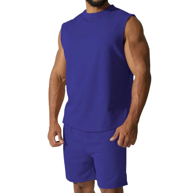 Men's sleeveless cotton blend sports top and matching shorts in solid colour options