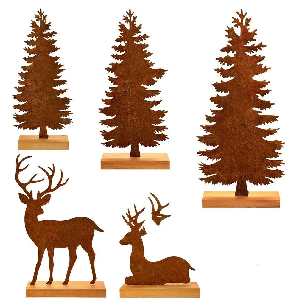 Set of three rustic metal Christmas tree ornaments featuring elk designs in weathered iron finish.