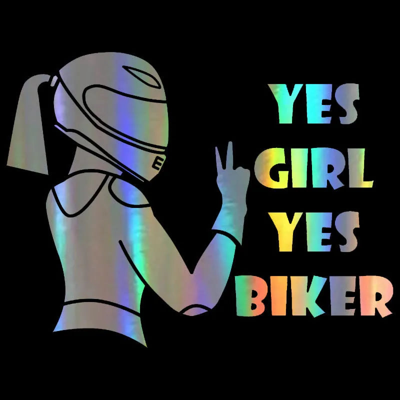 Waterproof riding girl character car sticker on PET film, 16cm wide by 15cm high.