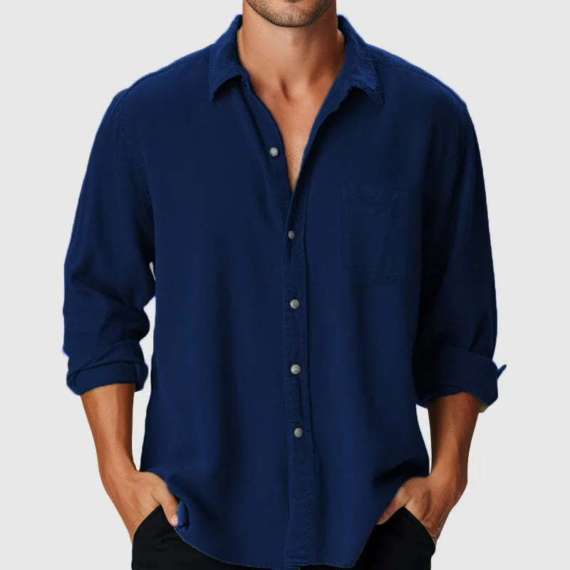 Men's loose fit polyester beach shirt with stand collar and long sleeves on a hanger.