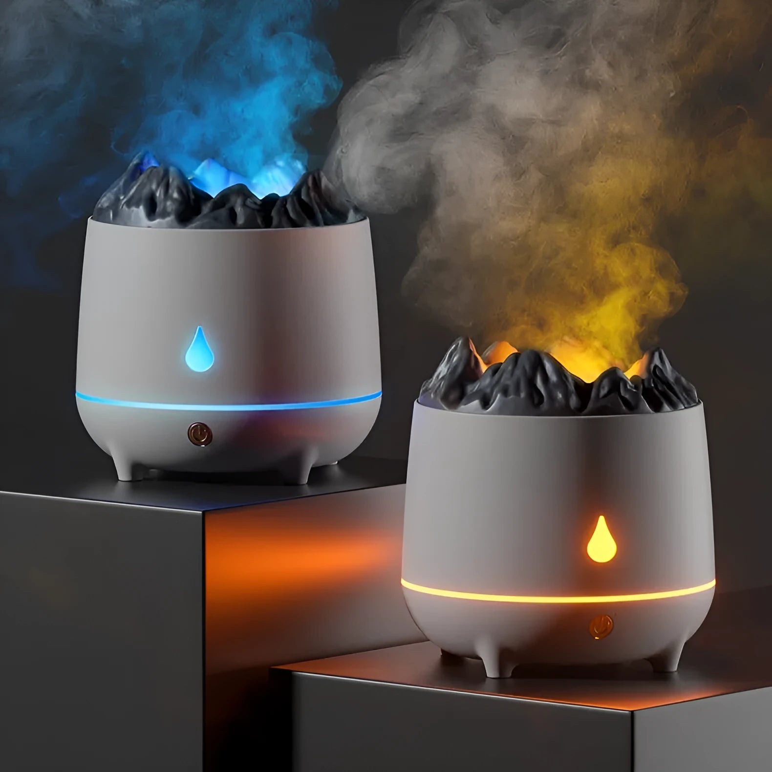 Volcano-shaped ultrasonic humidifier in black or white with USB cable