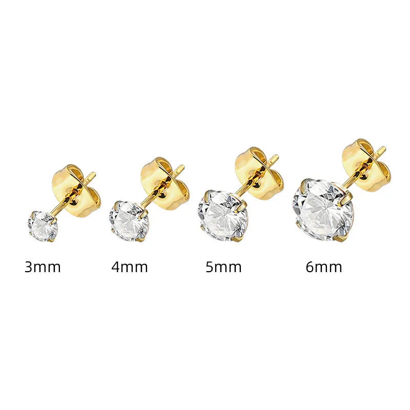 Titanium steel geometric stud earrings showing square and round zircon designs in gold and steel colours