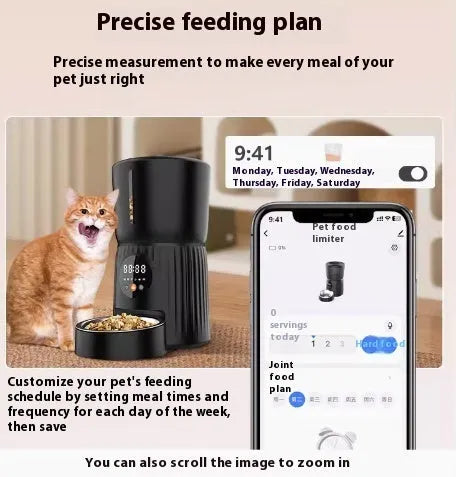 Black automatic pet feeder with food container and digital display