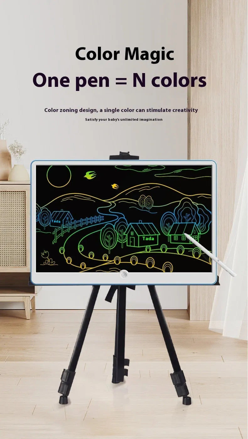 19-inch LCD children's drawing board in blue and white or pink and white colours, showing a colourful doodle on screen.