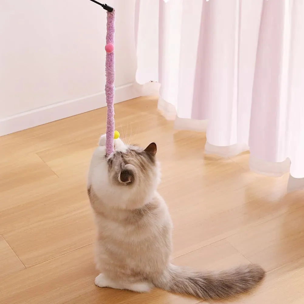 Blue interactive cat wand toy with plush strip, fluffy ball, and bell on a 41cm pole.
