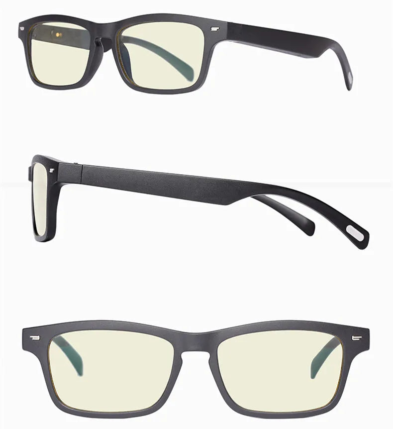 Smart glasses with open-ear speakers and a choice of anti-blue light or polarised lenses.