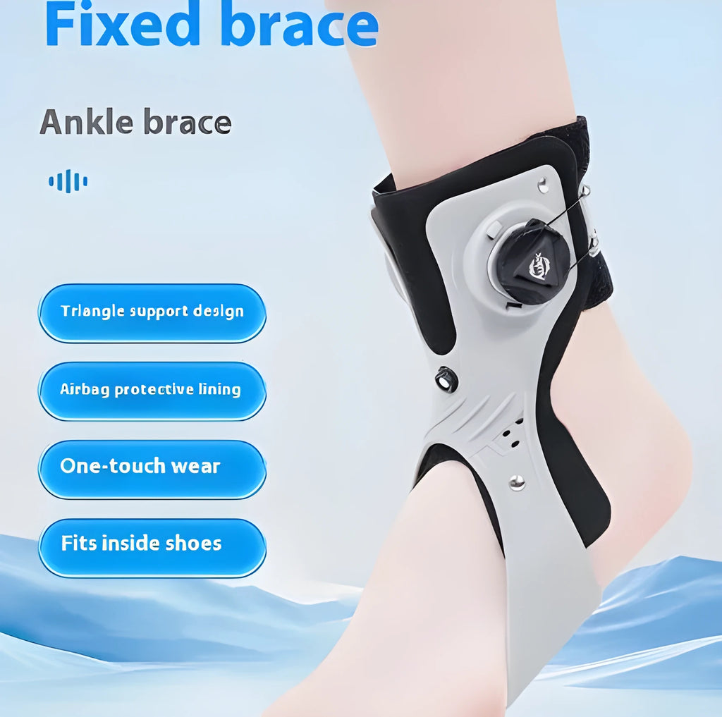 Grey and black adjustable airbag ankle support brace shown on a left and right foot.