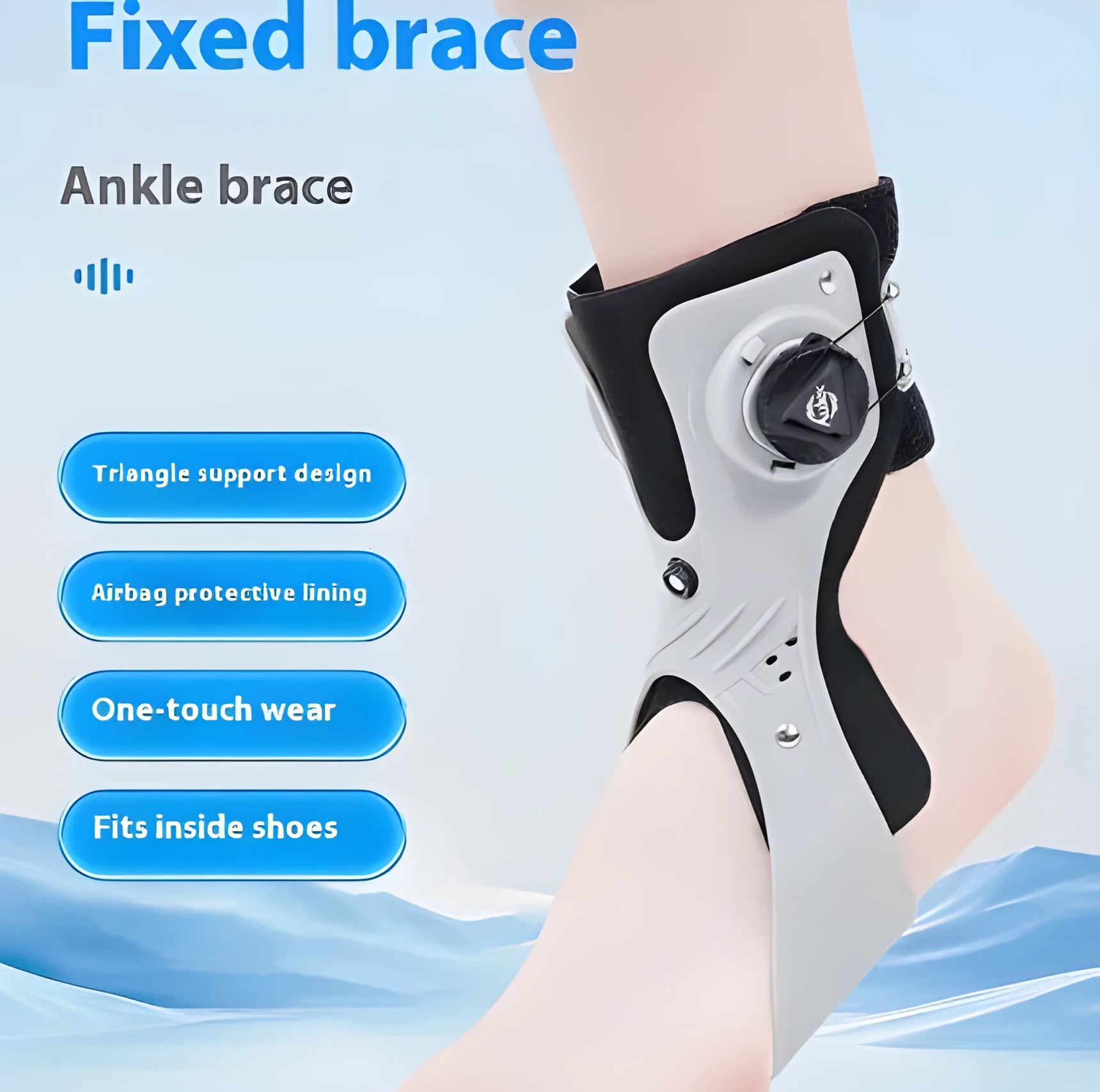 Grey and black adjustable airbag ankle support brace shown on a left and right foot.
