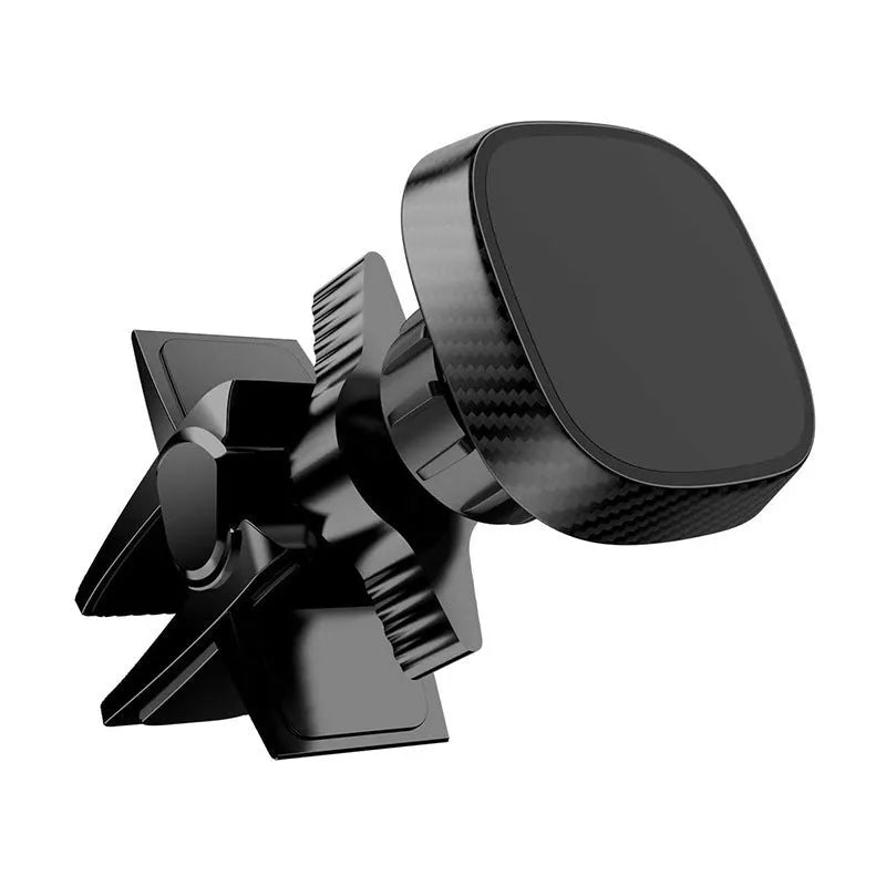 Black magnetic car phone holder mounted on car air conditioning vent with smartphone attached