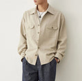 Men's cotton fabric lapel shirt in light sand rice colour with collage stitching detail and long sleeves