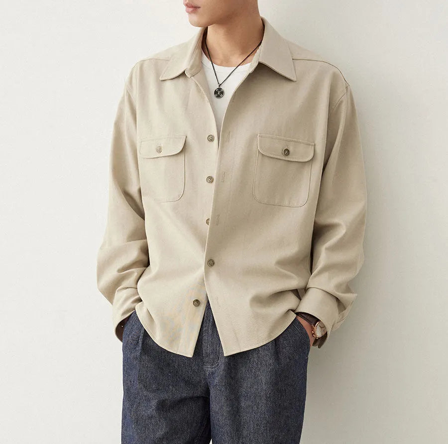 Men's cotton fabric lapel shirt in light sand rice colour with collage stitching detail and long sleeves