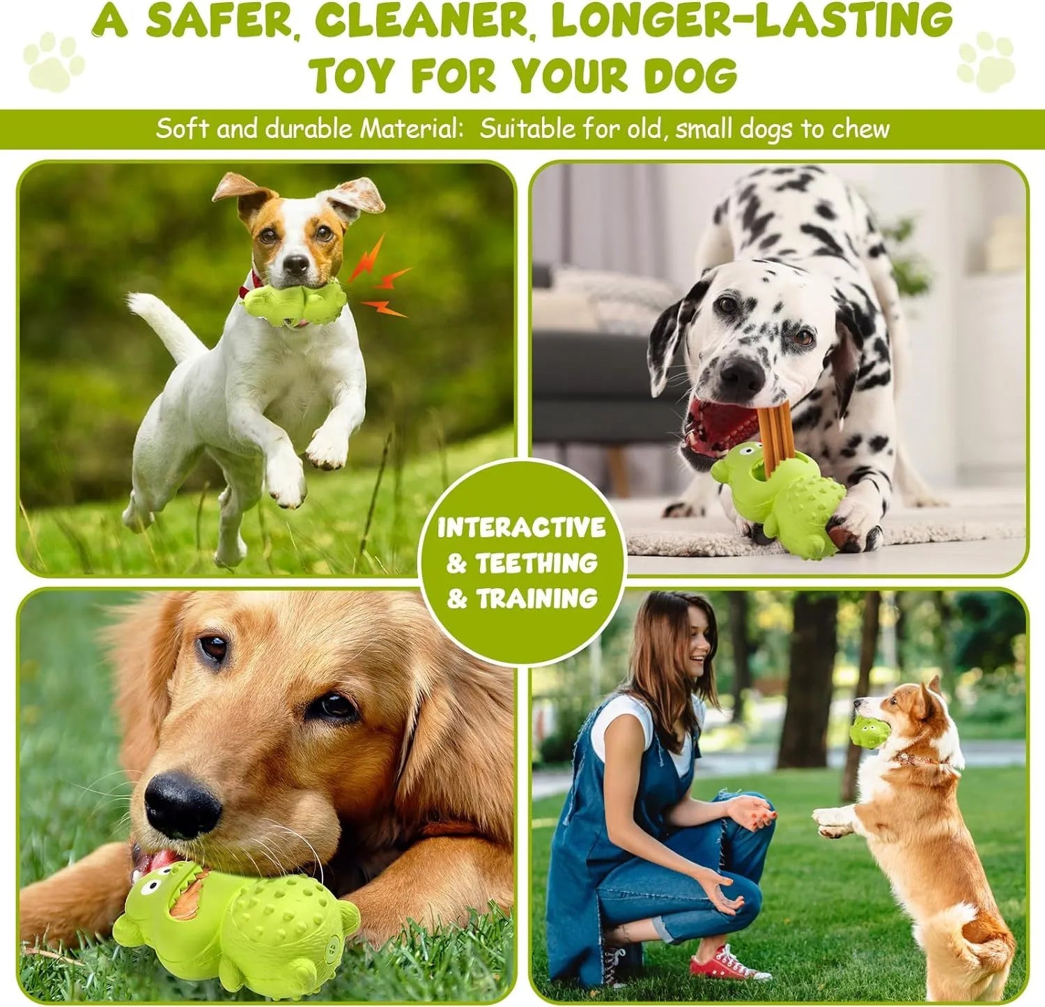 Green and yellow natural rubber squeaky dog chew toy for aggressive chewers.