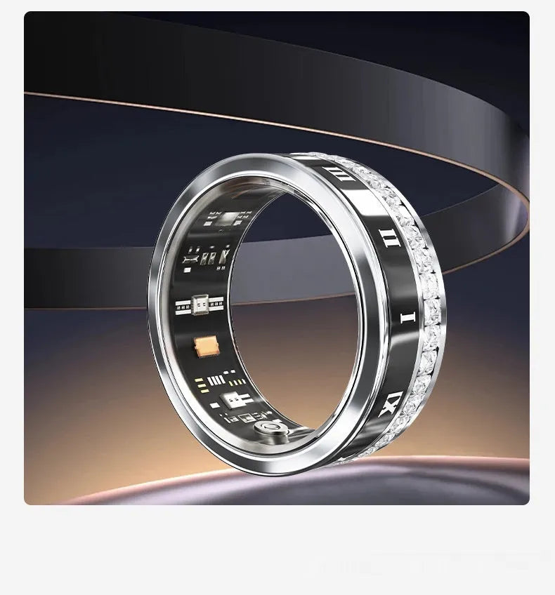 Diamond inlaid smart ring in gold or silver colour with blood oxygen monitoring feature